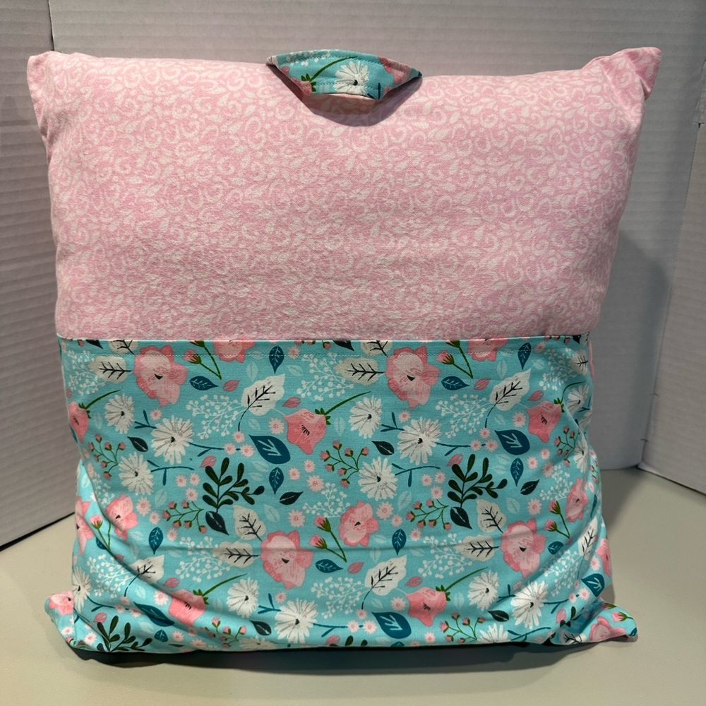 Handmade 18” Pink Flannel Reading Pillow with Floral Cotton Pocket